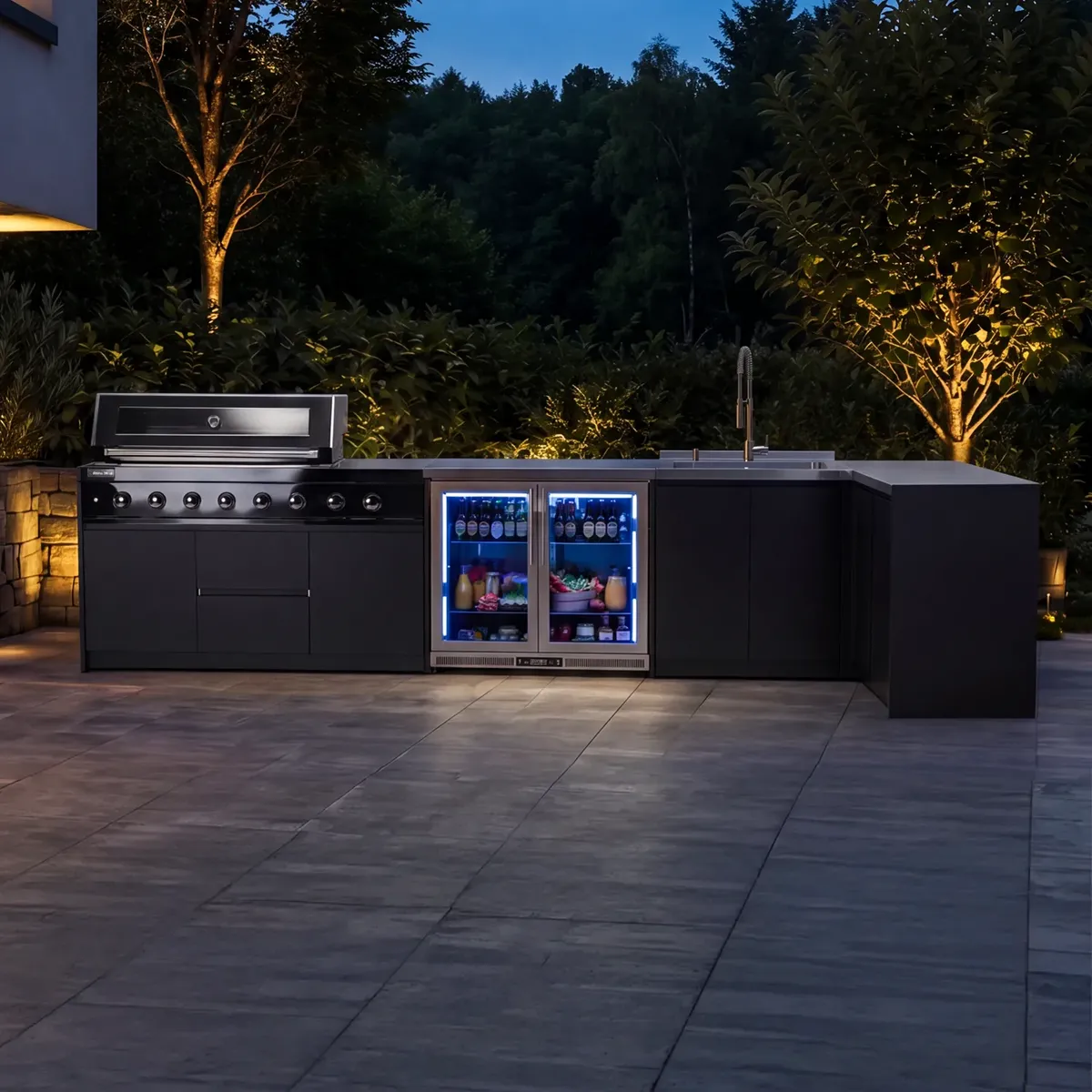 Kuchnia BBQ TEIDE 5-elementowa z podwójną lodówką, zlewozmywakiem, elementem narożnym i szafką podwójną antracyt