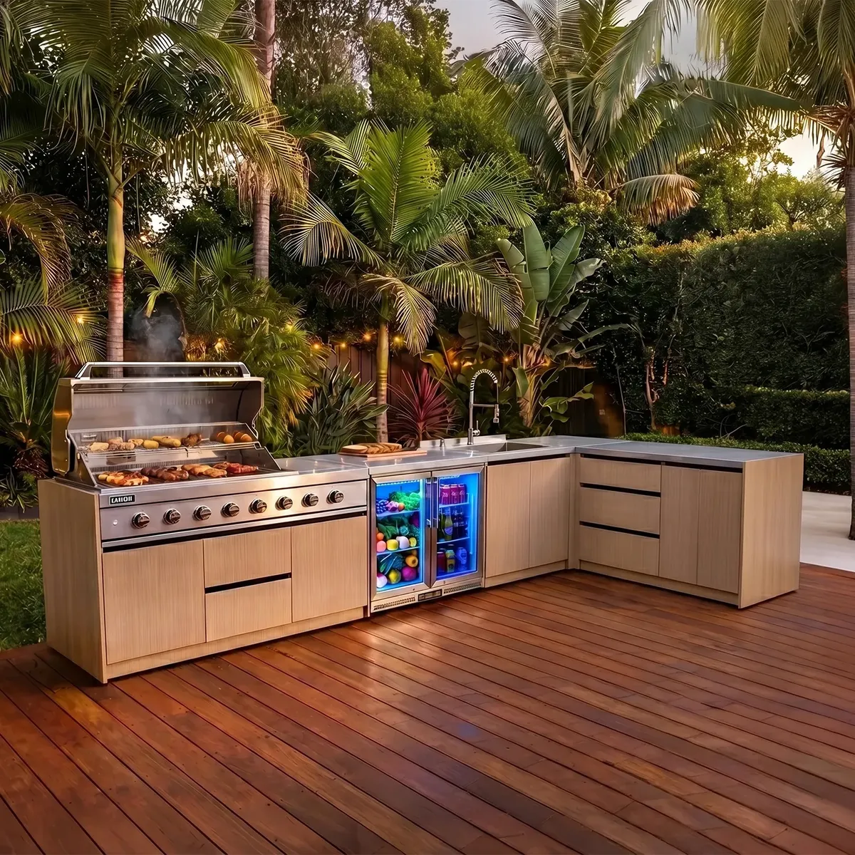 Kuchnia BBQ TEIDE 6-elementowa z podwójną lodówką, zlewozmywakiem, elementem narożnym, szafką z szufladami i szafką podwójną jasne drewno