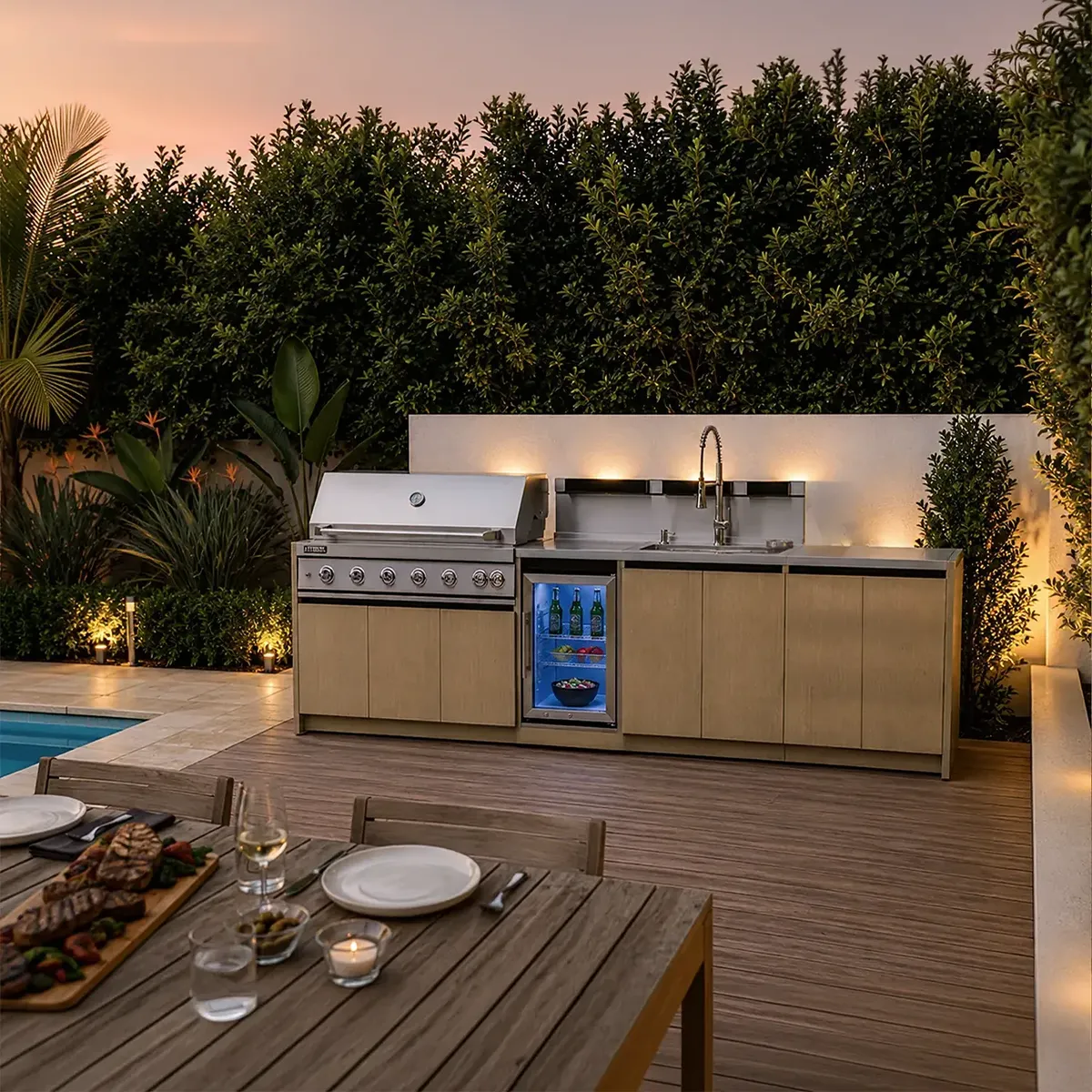 Kuchnia BBQ VIEJA 4-elementowa z lodówką, zlewozmywakiem i szafką podwójną jasne drewno