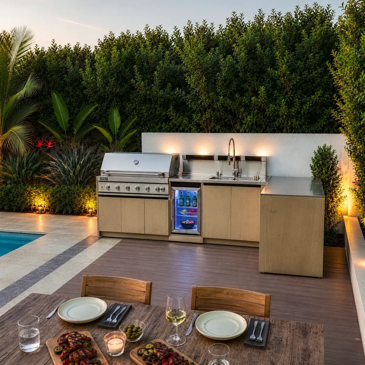 Kuchnia BBQ VIEJA 5-elementowa z lodówką, zlewozmywakiem, elementem narożnym i szafką podwójną jasne drewno