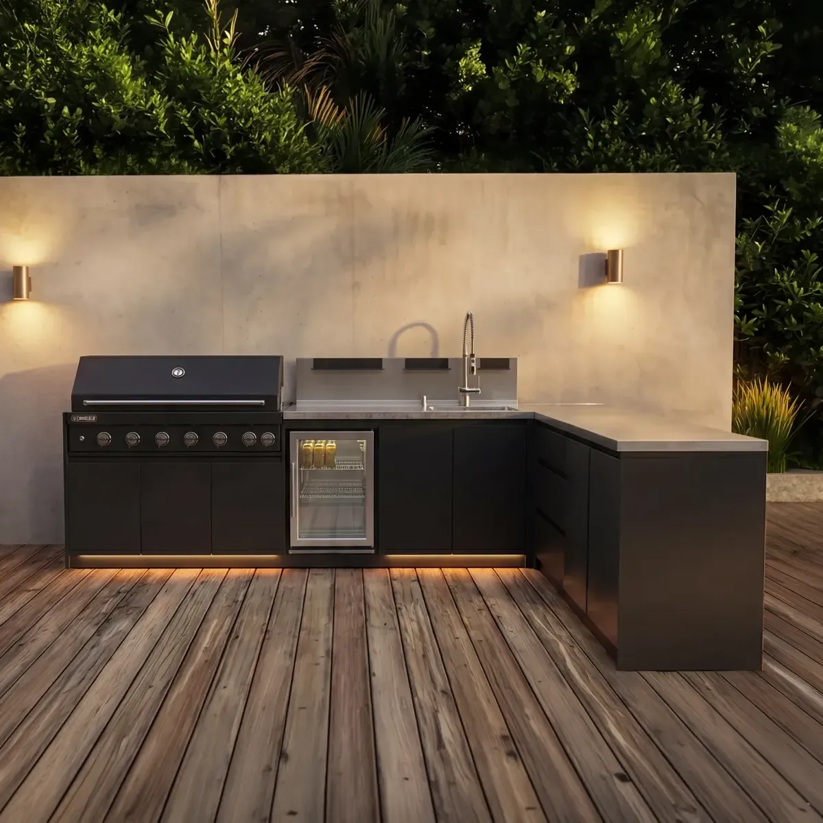 Kuchnia BBQ VIEJA 6-elementowa z lodówką, zlewozmywakiem, elementem narożnym, szafką z szufladami i szafką podwójną antracyt