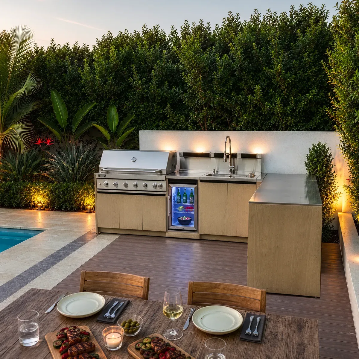 Kuchnia BBQ VIEJA 6-elementowa z lodówką, zlewozmywakiem, elementem narożnym, szafką z szufladami i szafką podwójną jasne drewno