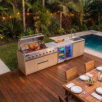 Kuchnia BBQ TEIDE 3-elementowa z podwójną lodówką i zlewozmywakiem jasne drewno