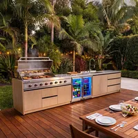 Kuchnia BBQ TEIDE 4-elementowa z podwójną lodówką, zlewozmywakiem i szafką z szufladami jasne drewno