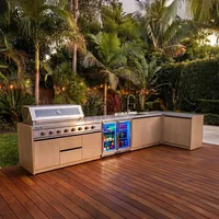 Kuchnia BBQ TEIDE 5-elementowa z podwójną lodówką, zlewozmywakiem, elementem narożnym i szafką podwójną jasne drewno