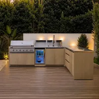 Kuchnia BBQ VIEJA 6-elementowa z lodówką, zlewozmywakiem, elementem narożnym, szafką z szufladami i szafką podwójną jasne drewno