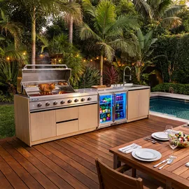 Kuchnia BBQ TEIDE 3-elementowa z podwójną lodówką i zlewozmywakiem jasne drewno