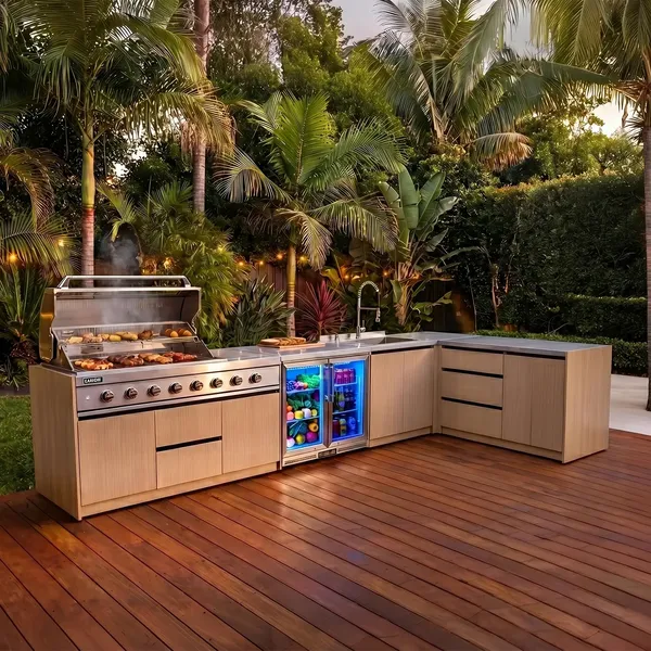 Kuchnia BBQ TEIDE 6-elementowa z podwójną lodówką, zlewozmywakiem, elementem narożnym, szafką z szufladami i szafką podwójną jasne drewno
