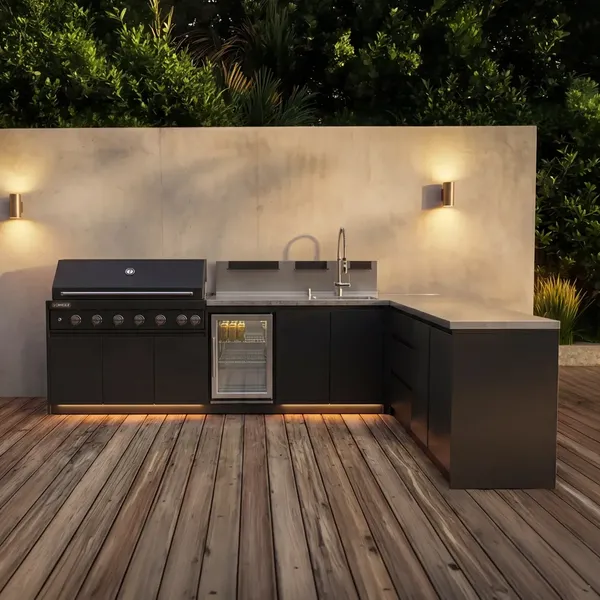 Kuchnia BBQ VIEJA 6-elementowa z lodówką, zlewozmywakiem, elementem narożnym, szafką z szufladami i szafką podwójną antracyt
