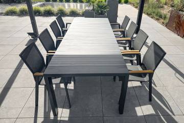 Stół RIALTO ALU antracyt 332 cm + 8x krzesło LEON teak antracyt 1353